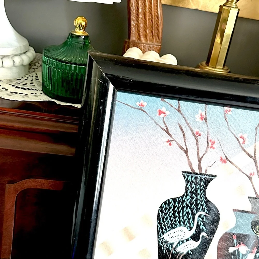 Vintage 90s Airbrushed Canvas Art Asian Vases Cranes Blossoms Framed Painting